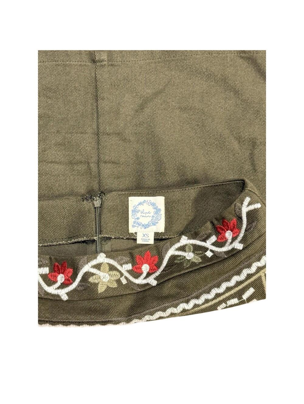 Blue Rain Womens XS Olive Green Embroidered Mini Skirt Boho Floral Folk Women’s - Picture 3 of 3
